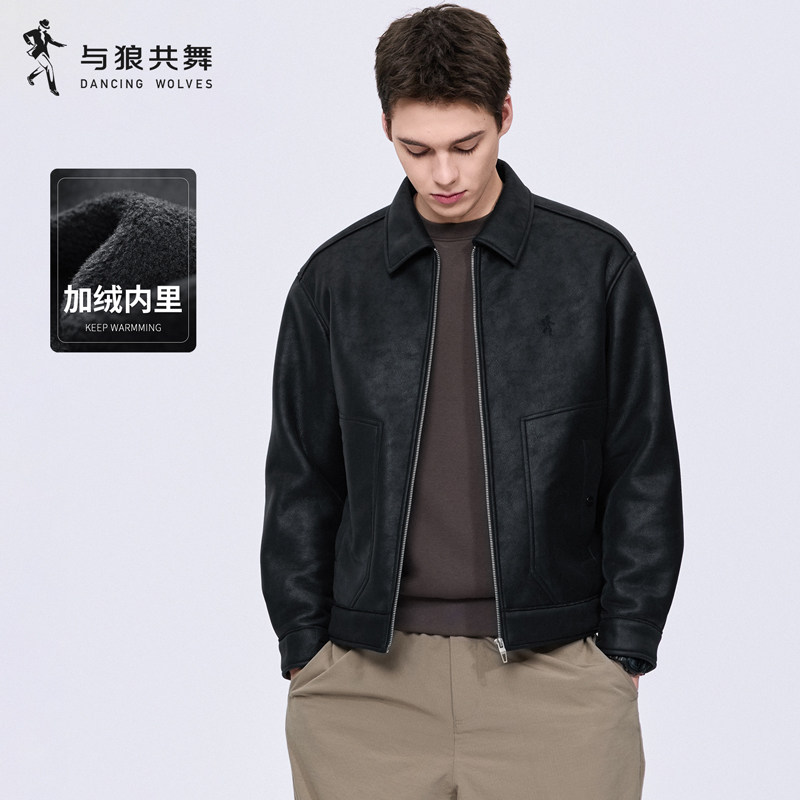 与狼共舞加绒翻领PU皮夹克男