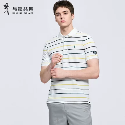 【纯棉】与狼共舞条纹翻领短袖T恤男2026夏季弹力清爽舒适POLO衫