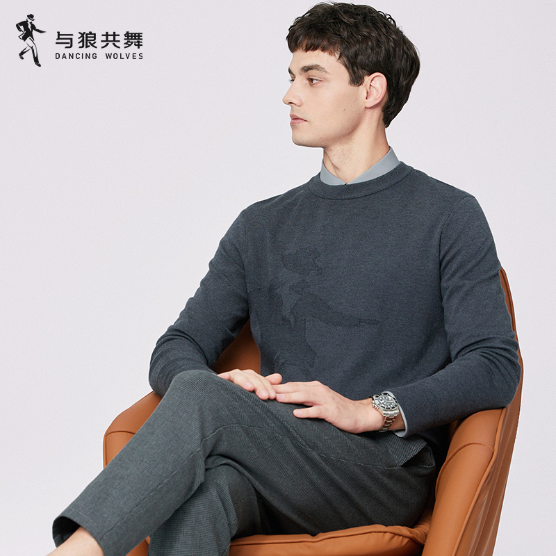 【山羊绒】与狼共舞圆领羊毛衫男2024秋季新款logo提花针织毛衣