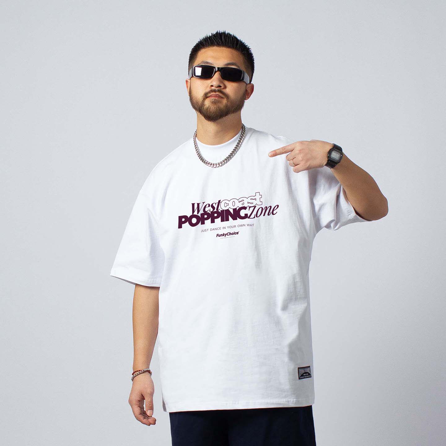 FunkyChoice街头舞蹈服装popping练功服白色短袖宽松上衣圆领T恤