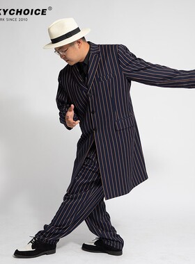 藏蓝金条纹西装外套Popping机械舞boogaloo加长表演西服西裤马甲