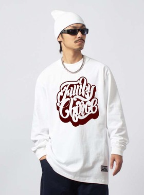 FunkyChoice潮牌美式小领口街头嘻哈长袖T恤宽松纯棉街舞bboy滑板