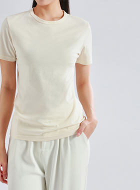 女士短袖100%棉背心打底半袖内衣T恤女生纯棉全棉本白色米白米黄