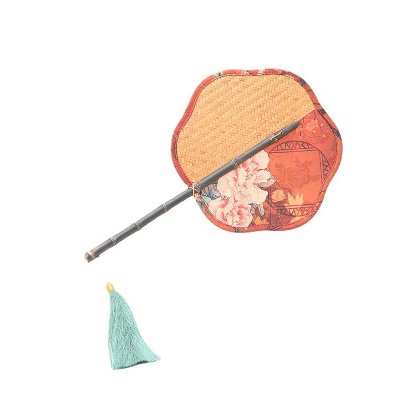 手工复古竹编流苏缎面印花紫竹把手海棠扇创意如意折边扇图片