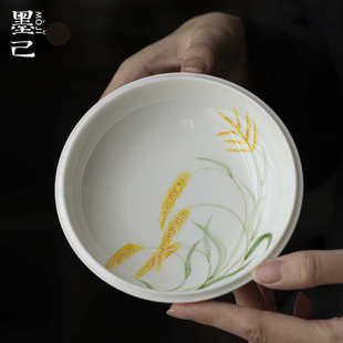墨己玉泥白瓷手绘麦穗壶承功夫茶具陶瓷干泡底托家用茶道配件盘子