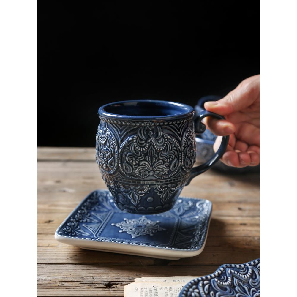 覆古风格欧洲陶瓷咖啡杯压花巴洛克马克杯早餐牛奶杯家庭创意下午