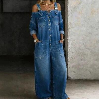 Off shoulder shoulder shoulder strap pocket denim jumpsuit