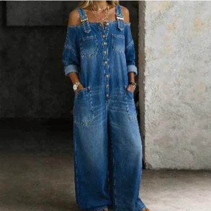 Off shoulder shoulder shoulder strap pocket denim jumpsuit