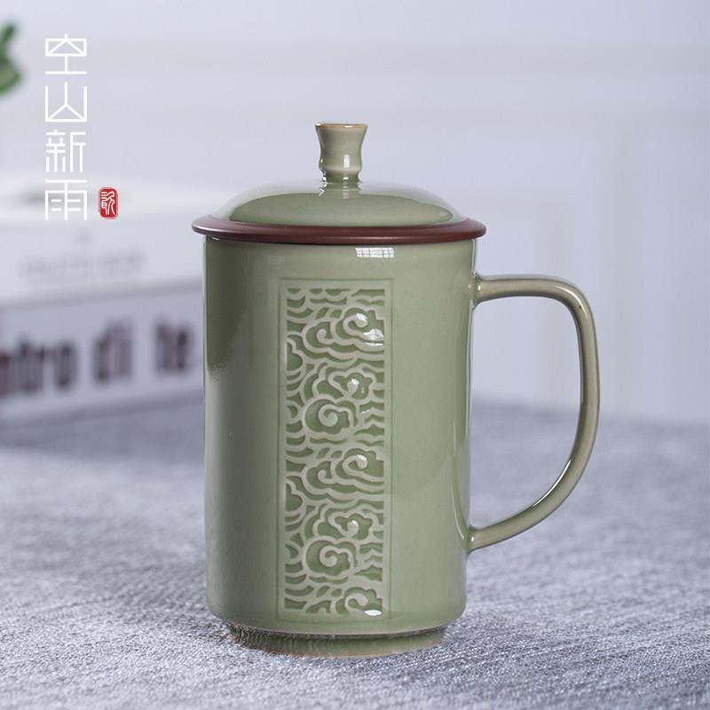 龙泉青瓷办公杯陶瓷水杯办公室大容量茶杯家用手工高端带盖子泡茶