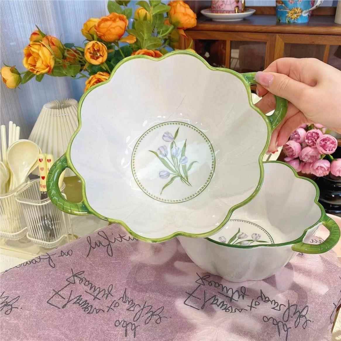 紫色郁金香大南瓜陶瓷花边双耳汤家用容量双耳汤深碗拉见详情面勺