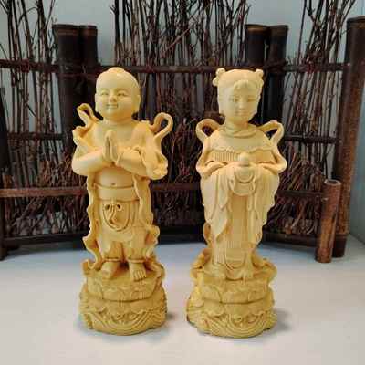 黄杨木雕金童玉女摆件实木雕刻男孩女孩善财童子龙女居家家用供奉