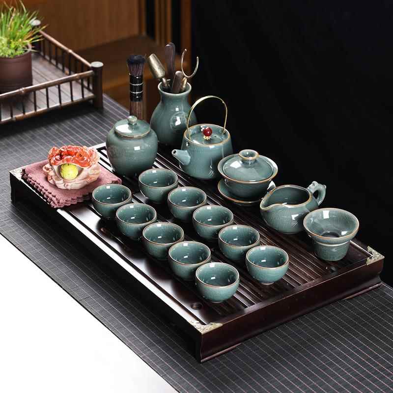 整套功夫茶具紫砂可养家用小套泡茶器实木茶盘套装客厅用中式哥窑