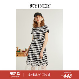 yiner音儿女装，夏季格子a字裙蕾丝拼接连衣裙