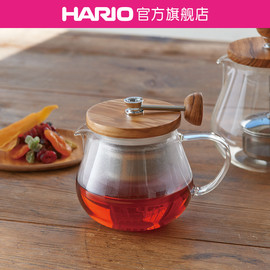 HARIO家用耐热玻璃带过滤网泡茶壶 橄榄木盖花茶壶TEO