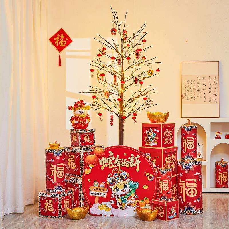 2026马年元旦新年春节装饰发光灯树元宝财神商场银行大堂场景布置