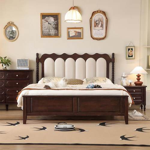 美式实室木床黑双胡桃木色1.8米卧NNO人床现代简约法式中古风高箱