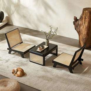 L7昌迪加尔椅实木藤编榻榻米桌椅组合阳台飘窗单人休闲小茶桌靠背