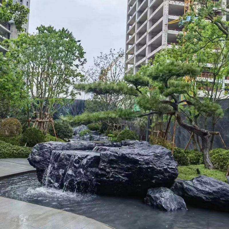 黑山石水钵天然石雕流水景观庭院涌泉石钵造景中国黑石材瀑布石盆