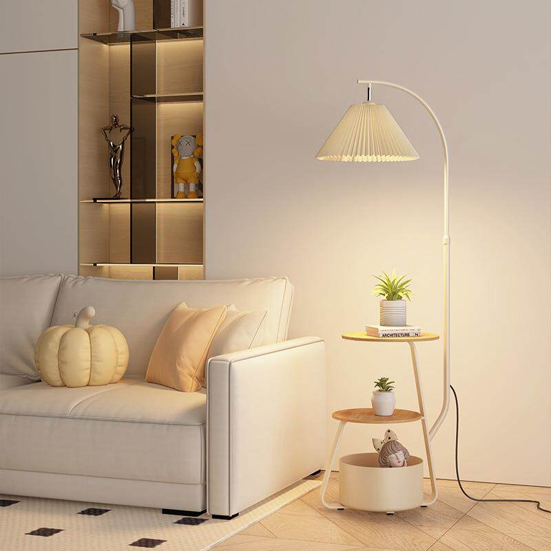 奶油风落地灯置物收纳一体中古轻奢简约原木客厅卧室床头灯氛围灯