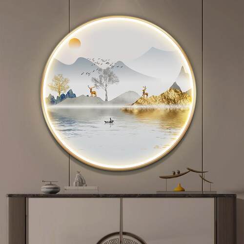 新中式圆形装饰画玄关挂画入户走廊过道墙画带灯led茶室大气壁画