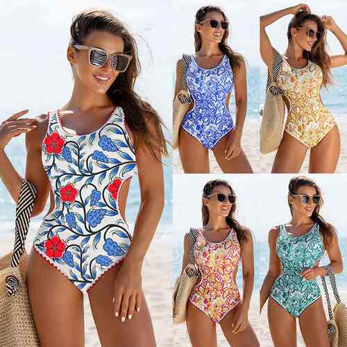 One-piece swimsuit, women's backless neck with floral