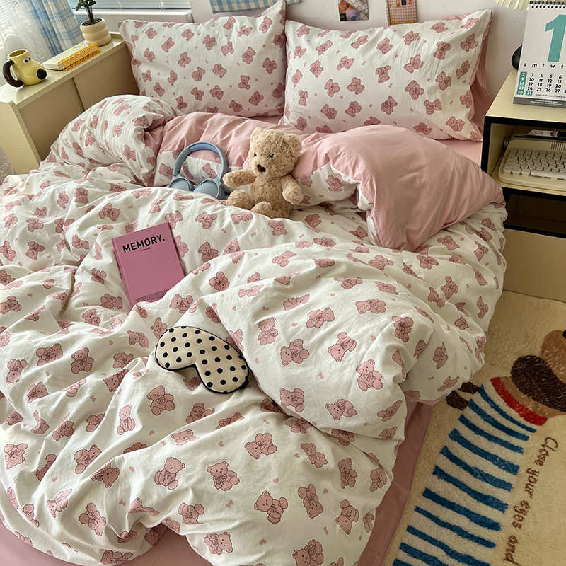 棉四笠学生宿舍件套水洗熊4三件套床上用品卡通床被罩床单被套