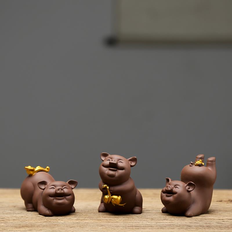 创意紫砂招财猪摆件中式家居手工工艺品书房办公室装饰品猪年摆设