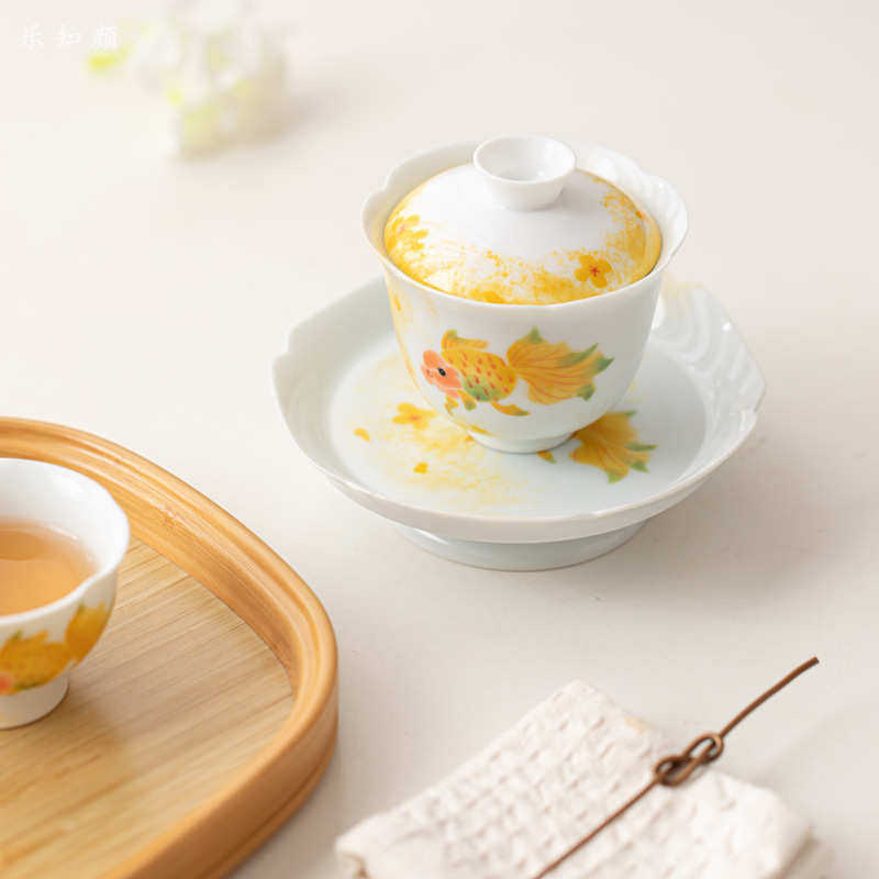 盖碗釉下彩影青手绘金鱼泡茶碗壶承陶瓷功夫茶具可爱风二才盖碗,餐饮具,盖碗,淘宝优惠券,粉丝福利购,淘宝优惠卷