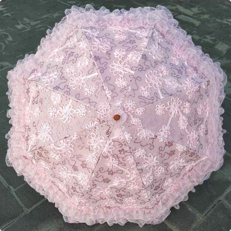 正品蕾丝绣花亮片黑胶二折防紫外线遮阳太阳伞伞主公晴雨刺洋伞粉