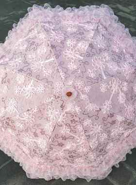 正品蕾丝绣花亮片黑胶二折防紫外线遮阳太阳伞伞主公晴雨刺洋伞粉