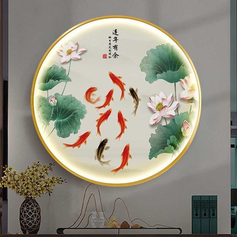 荷花九鱼图新中式入户玄关装饰画圆形过道茶室LED灯画背景墙挂画图片