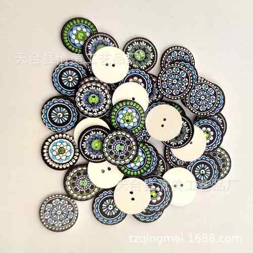 1.5/2/2.5cm白底蓝色系印花圆片纽扣白底印花圆片木纽扣100个一包