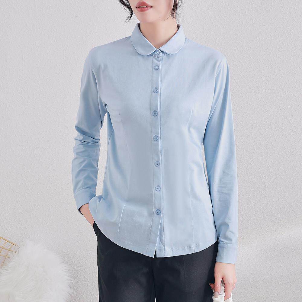 2025春季弹力纯棉长袖衬衫 女装收腰娃娃领修身剪裁云雾灰