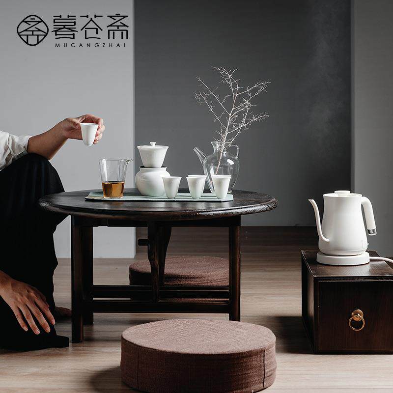 暮苍斋 日式简约老杉木小茶桌茶几柜子坐垫整套功夫茶具白瓷盖碗