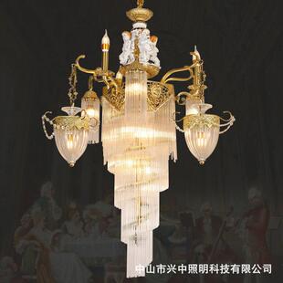 法式全铜水晶楼梯长吊灯别墅旋转loft公寓复式楼挑高客厅楼梯间灯