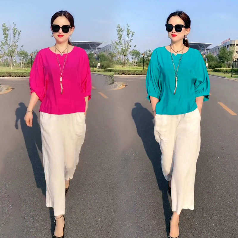 妈妈中年薄款打底衫白色麻阔腿裤套装夏季新款简约宽松纯色透气潮