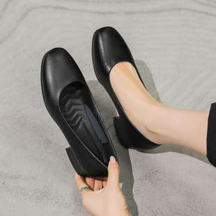 方头久站不累工作鞋女黑色工装职业正装软底女士皮鞋面试女鞋单鞋