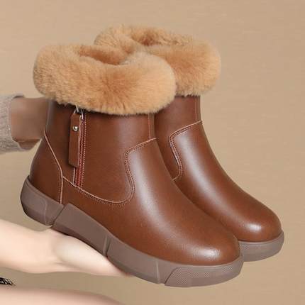 高档雪地靴靴女款妈冬加绒加厚女鞋皮一体妈毛棉鞋真皮短羊毛大棉