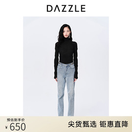 DAZZLE地素奥莱秋黑色坑条提花高领弹力修身打底衫毛衣内搭上衣女