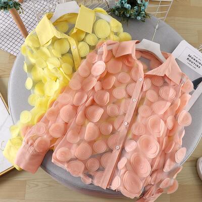 Long Sleeves Loose Buttoned Mesh Polka-Dot Split-Joint Lapel
