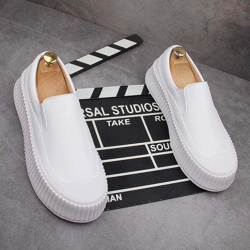 乐福鞋男真皮韩版百搭休闲防臭白色皮鞋男增高一脚蹬厚底小白鞋男