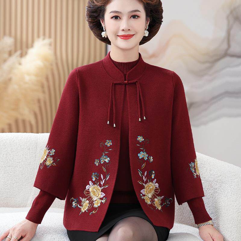 气质妈妈装针织刺绣开 衫中老年女春秋两件式套装喜婆婆毛衣外套