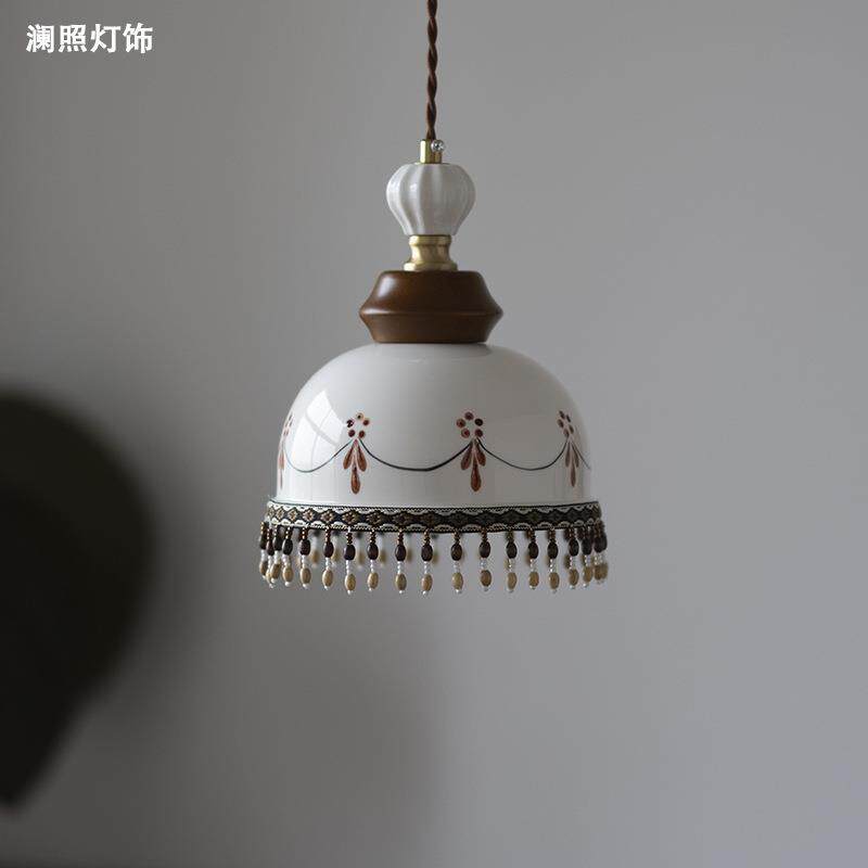 手绘陶瓷吊灯中古风法式复古卧室床头餐厅玄关吧台过道创意流苏灯