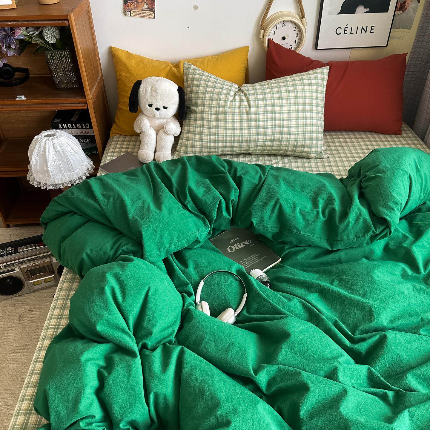 复古绿混搭风色织水洗棉床上四件套全棉纯棉床单床笠被套被罩床品