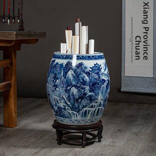 景德镇陶瓷手绘青花瓷字画卷轴筒客厅古董花瓶书房字画储桶摆件