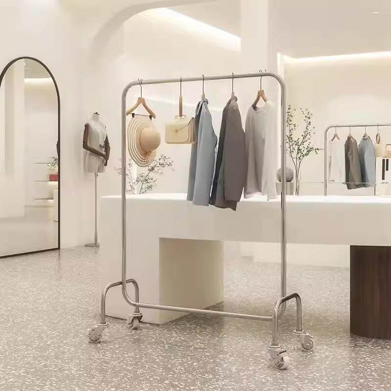 服装店挂衣杆落地式不锈钢拉丝银男女装店中岛展示架带轮陈列货架