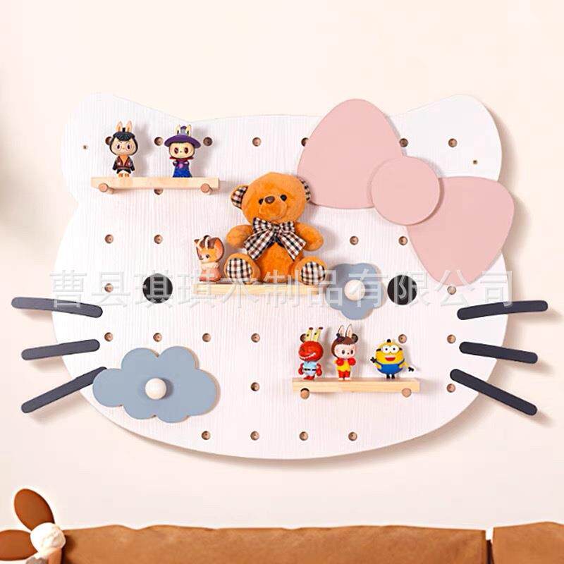 可爱卡通hello Kitty猫实木洞洞板 儿童房墙面整板装饰收纳置物架