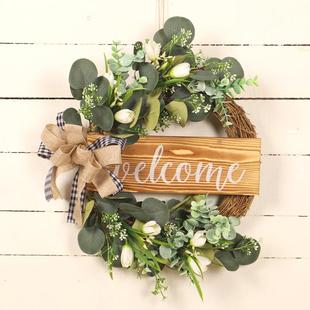 鸿禹仿真绿植木牌麻布结花圈仿真郁金香尤加利叶花环