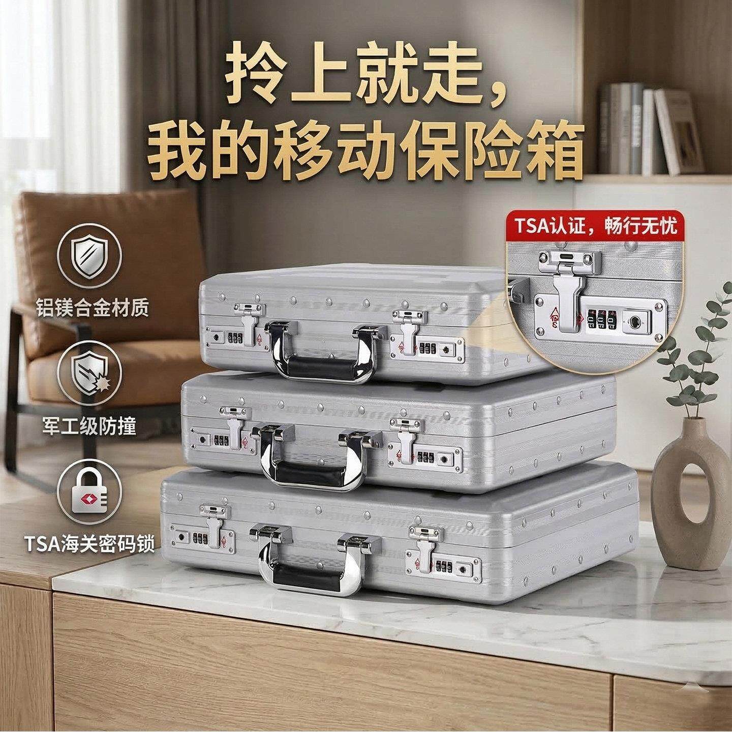 全铝镁合金密码保险箱家用小型手提存钱保险盒子宿舍防盗保管箱