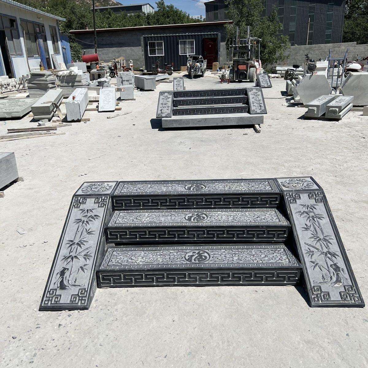 青石庭院地砖踏步石户外防滑雕花门槛石台阶石祥云石雕地雕过门石